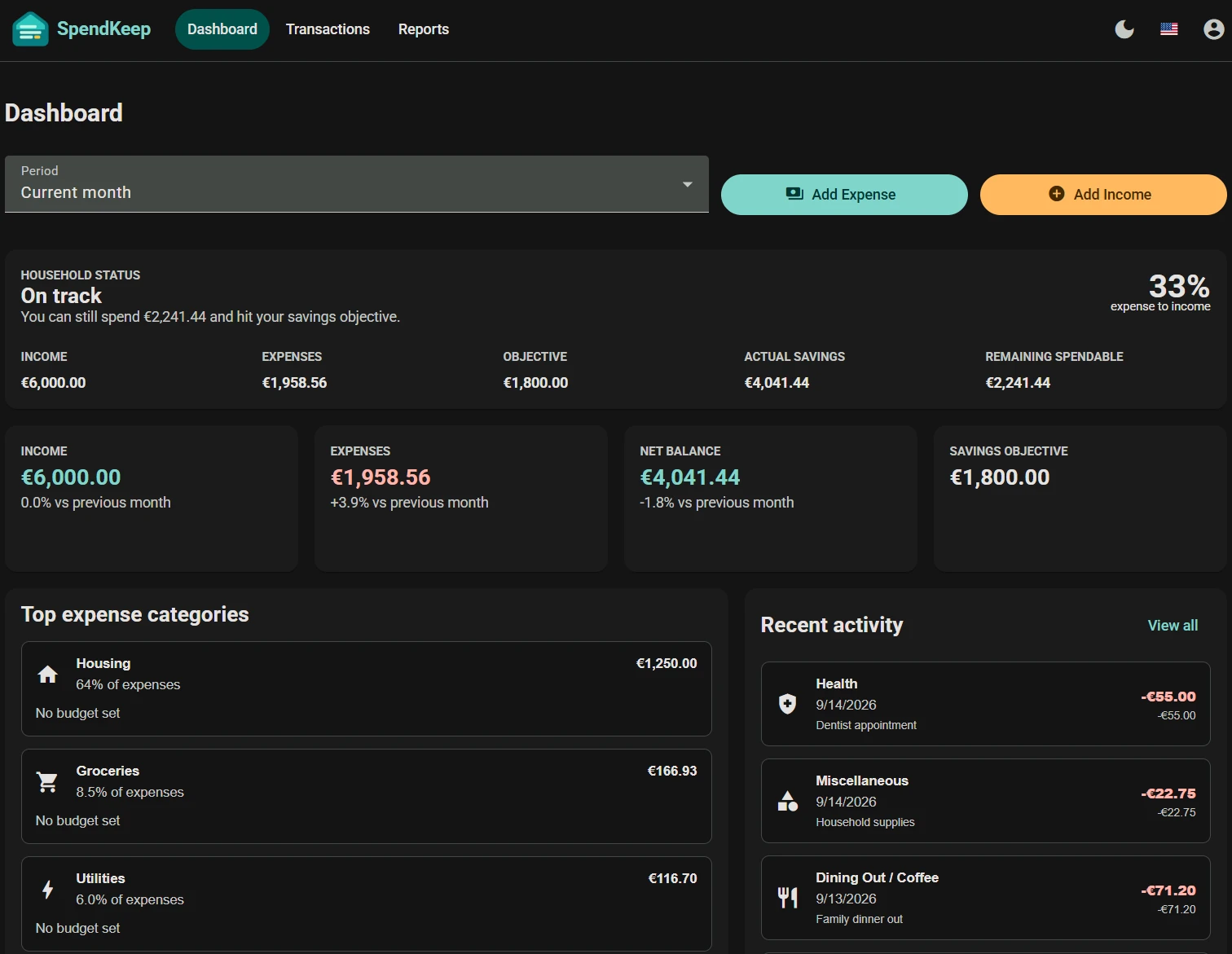 SpendKeep dashboard in dark theme