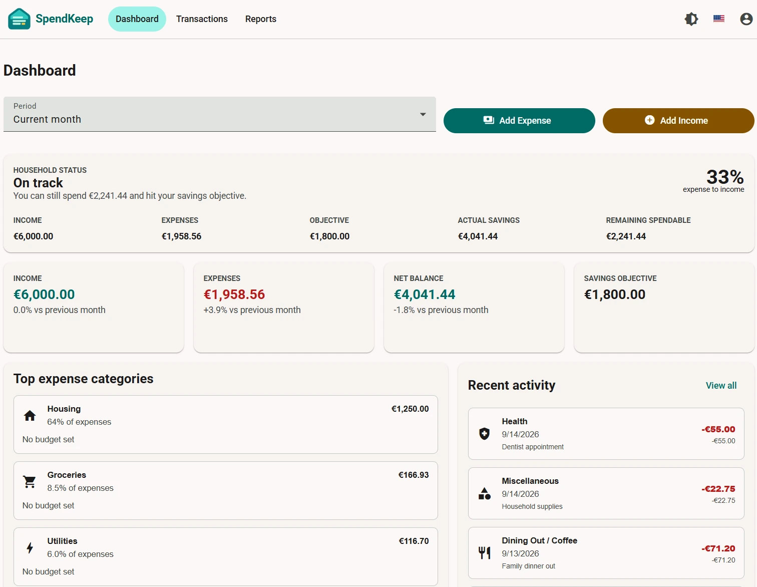 SpendKeep dashboard with monthly household overview