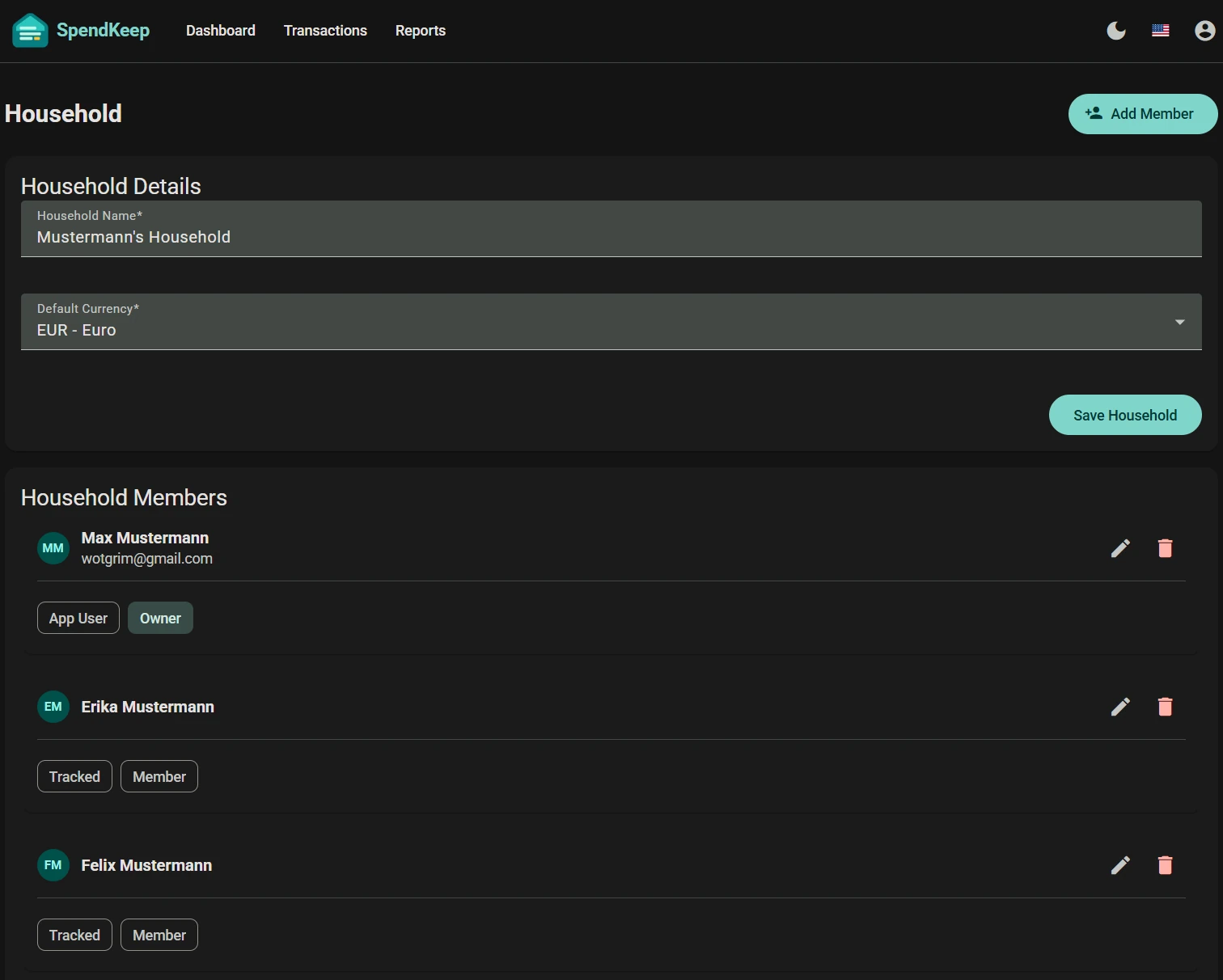 SpendKeep household members and invitations in dark theme