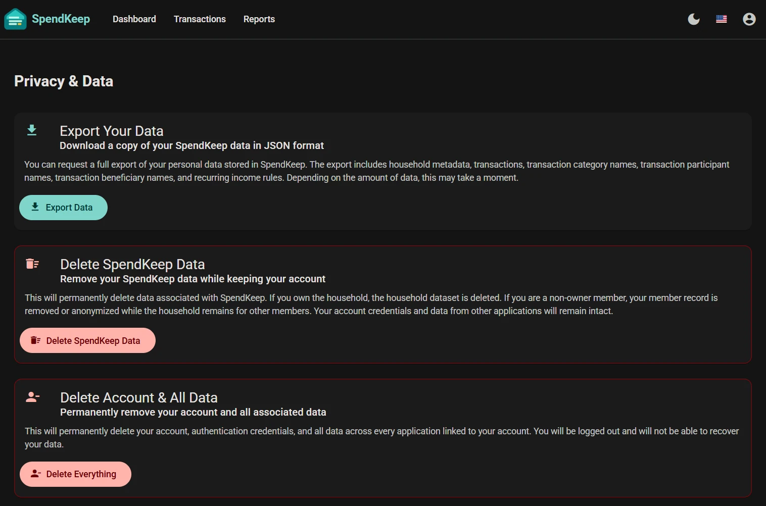 SpendKeep privacy and data controls in dark theme
