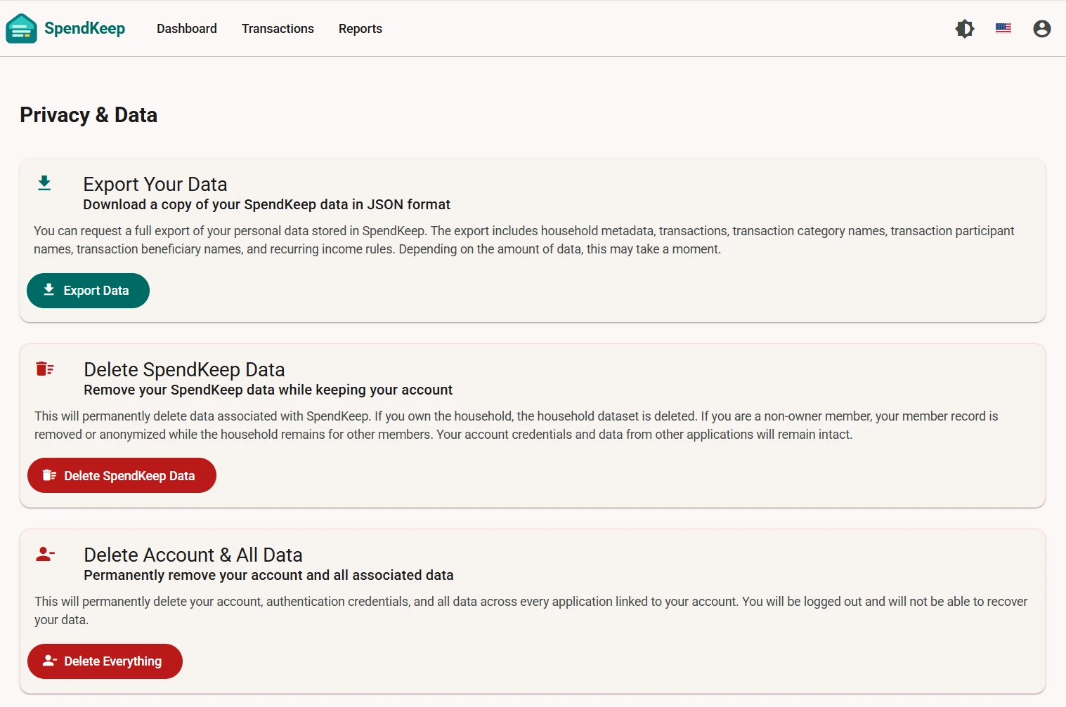 SpendKeep privacy and data controls