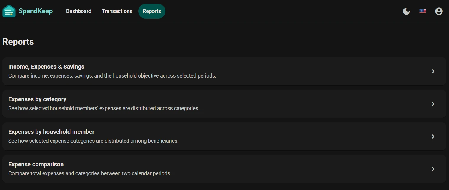 SpendKeep reports in dark theme