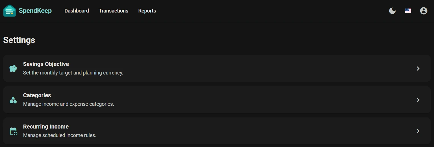SpendKeep settings in dark theme