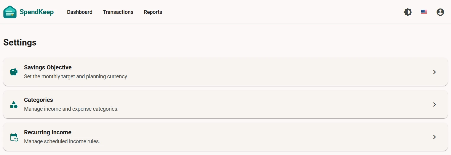 SpendKeep settings for language and preferences