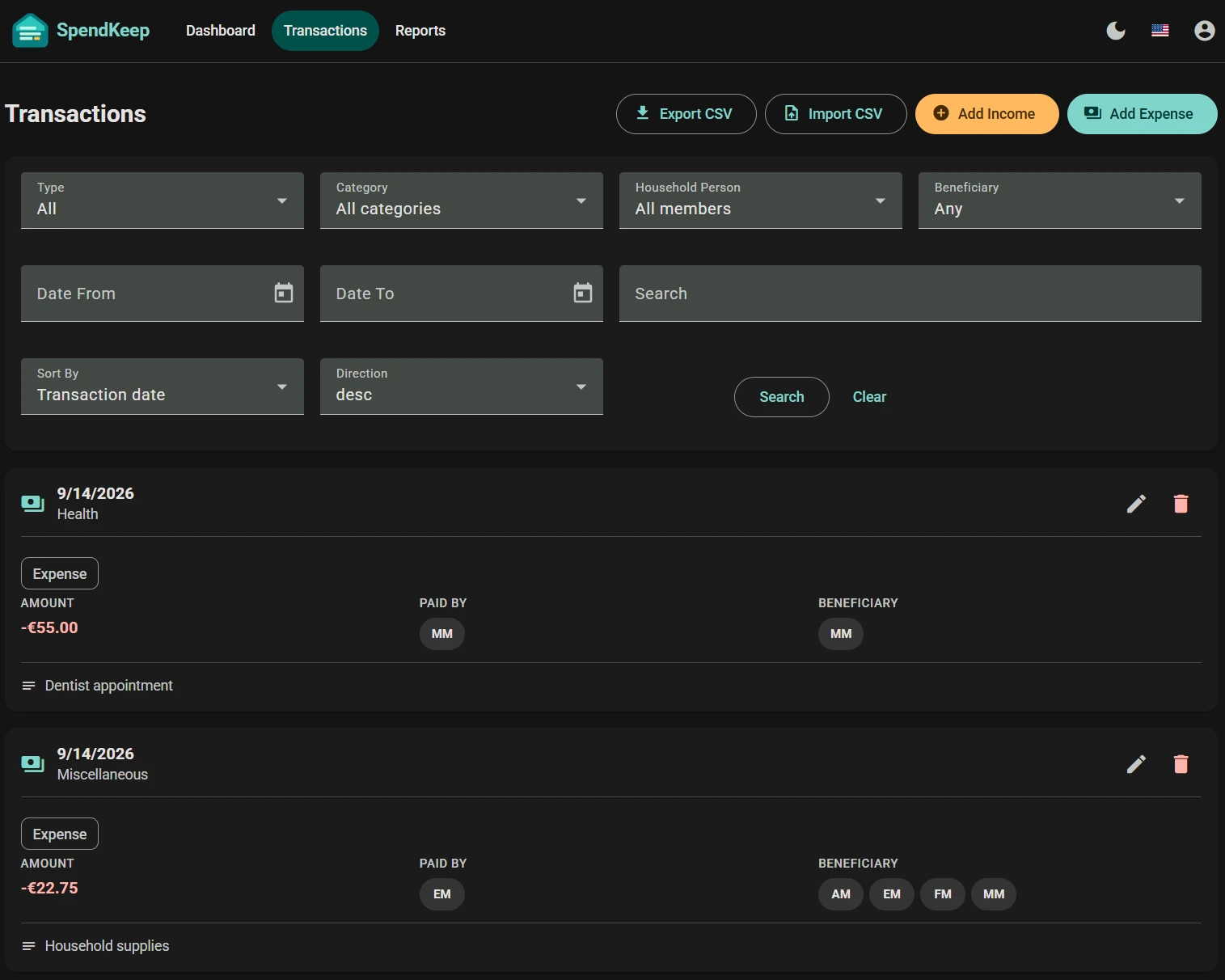 SpendKeep transaction list in dark theme