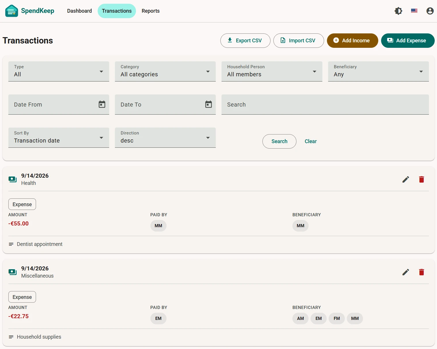 SpendKeep transaction list with search and filters
